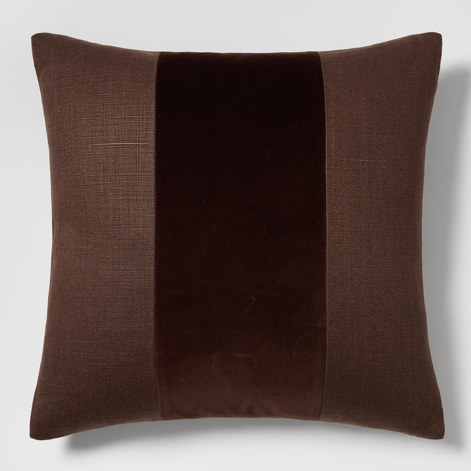 Dark brown 22" square linen and velvet pillow with wide tonal stripe.