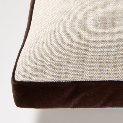 Dark brown velvet gusseted and flax linen lumbar pillow, 20"L x 14"H.