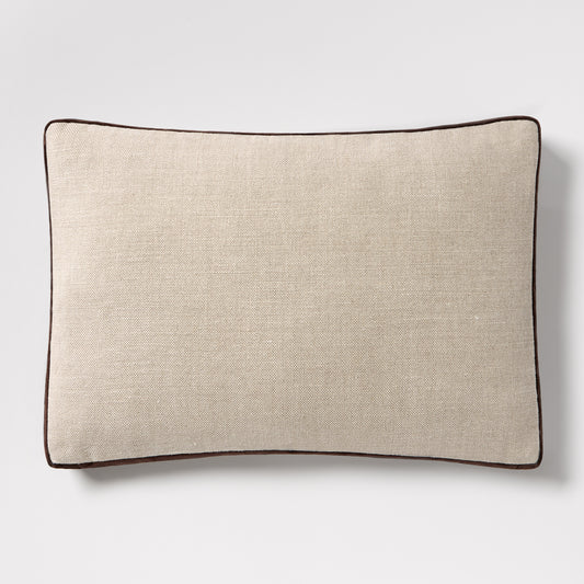 Dark brown velvet gusseted and linen lumbar pillow, 20"L x 14"H, with dark brown piping.