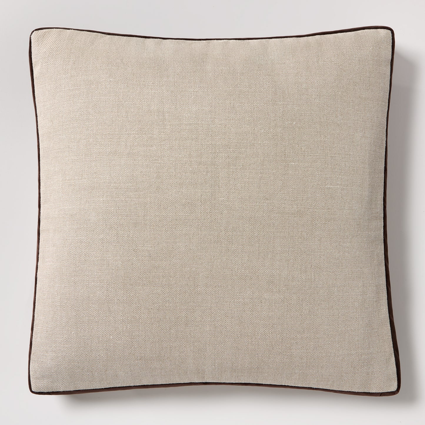 Square 22" flax linen pillow with dark brown velvet gusset and piping.