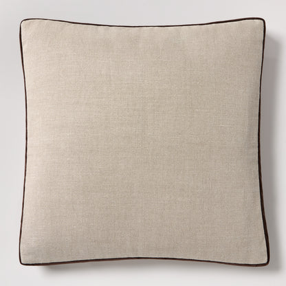 Square 22" flax linen pillow with dark brown velvet gusset and piping.