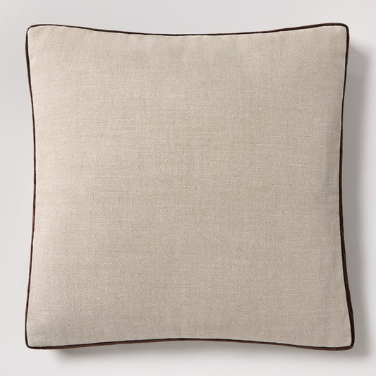 Square 22" flax linen pillow with dark brown velvet gusset and piping.