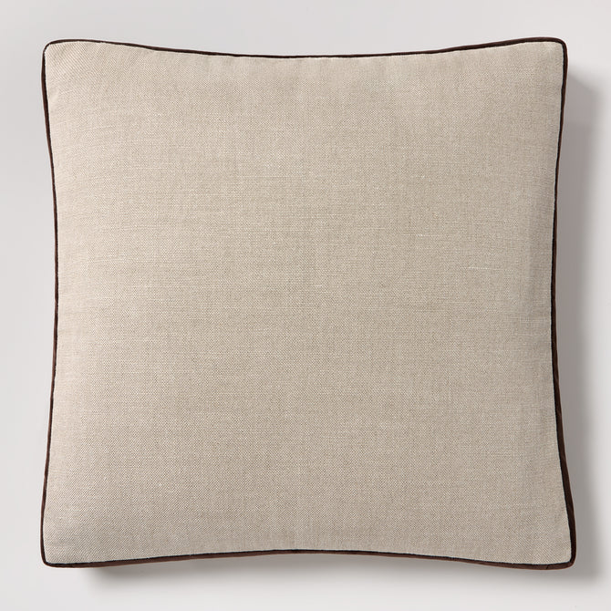 Square 22" flax linen pillow with dark brown velvet gusset and piping.