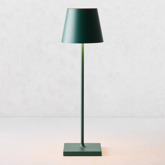 Hudson Grace dark green Poldina Pro rechargeable LED lamp with a sleek, minimalist design for indoor or outdoor use.