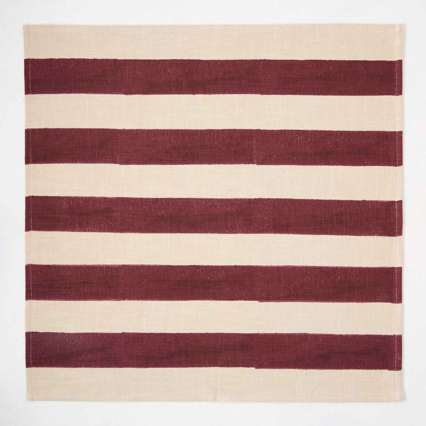 Dark Plum Hampton Stripe Natural Cotton Napkin, 22" square, with wide dark purple stripes on a khaki base.