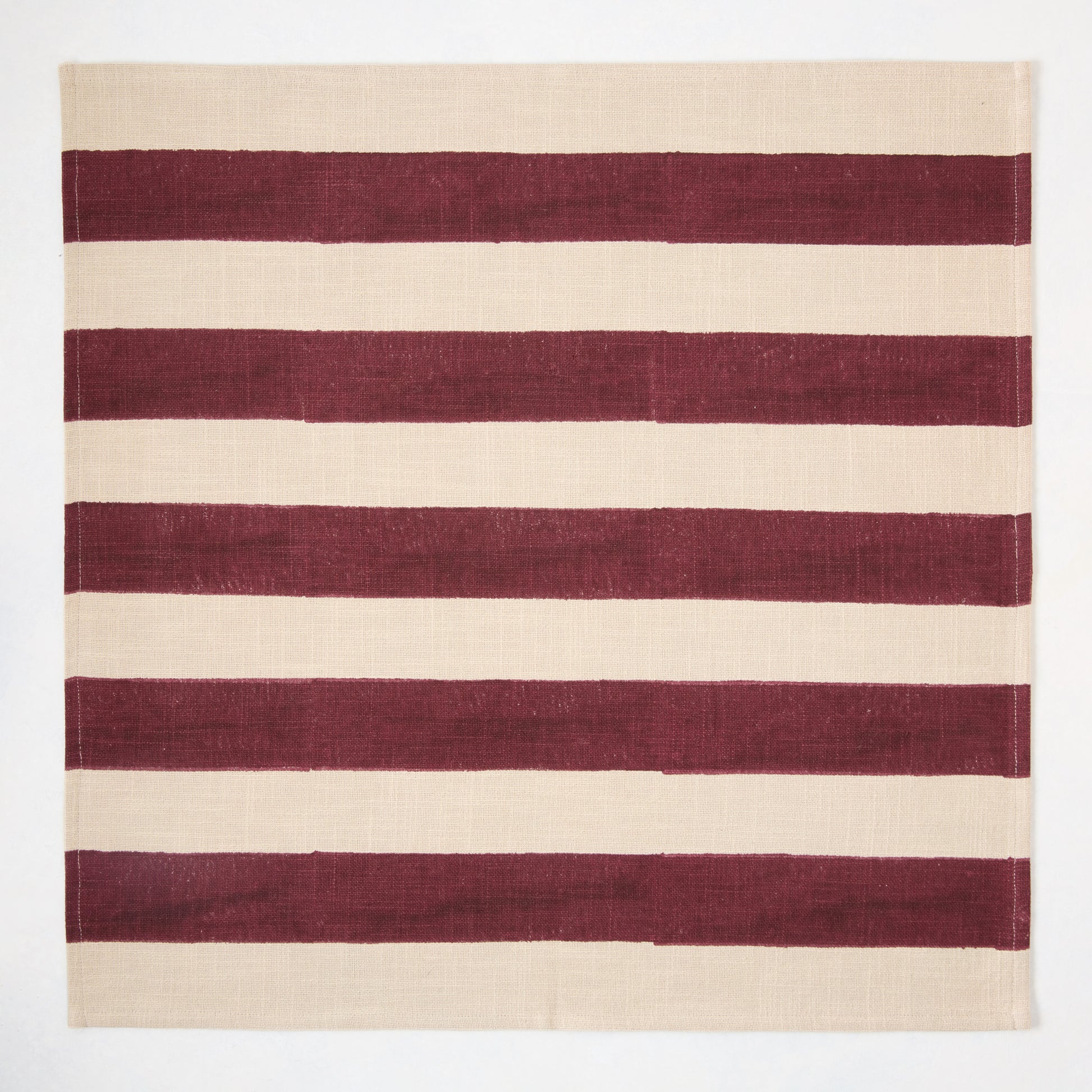 Dark Plum Hampton Stripe Natural Cotton Napkin, 22" square, with wide dark purple stripes on a khaki base.