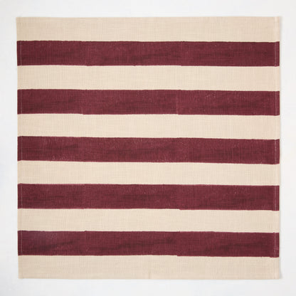 Dark Plum Hampton Stripe Natural Cotton Napkin, 22" square, with wide dark purple stripes on a khaki base.