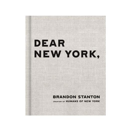 Dear New York," book with light gray linen cover, black title text, and Brandon Stanton author credit.
