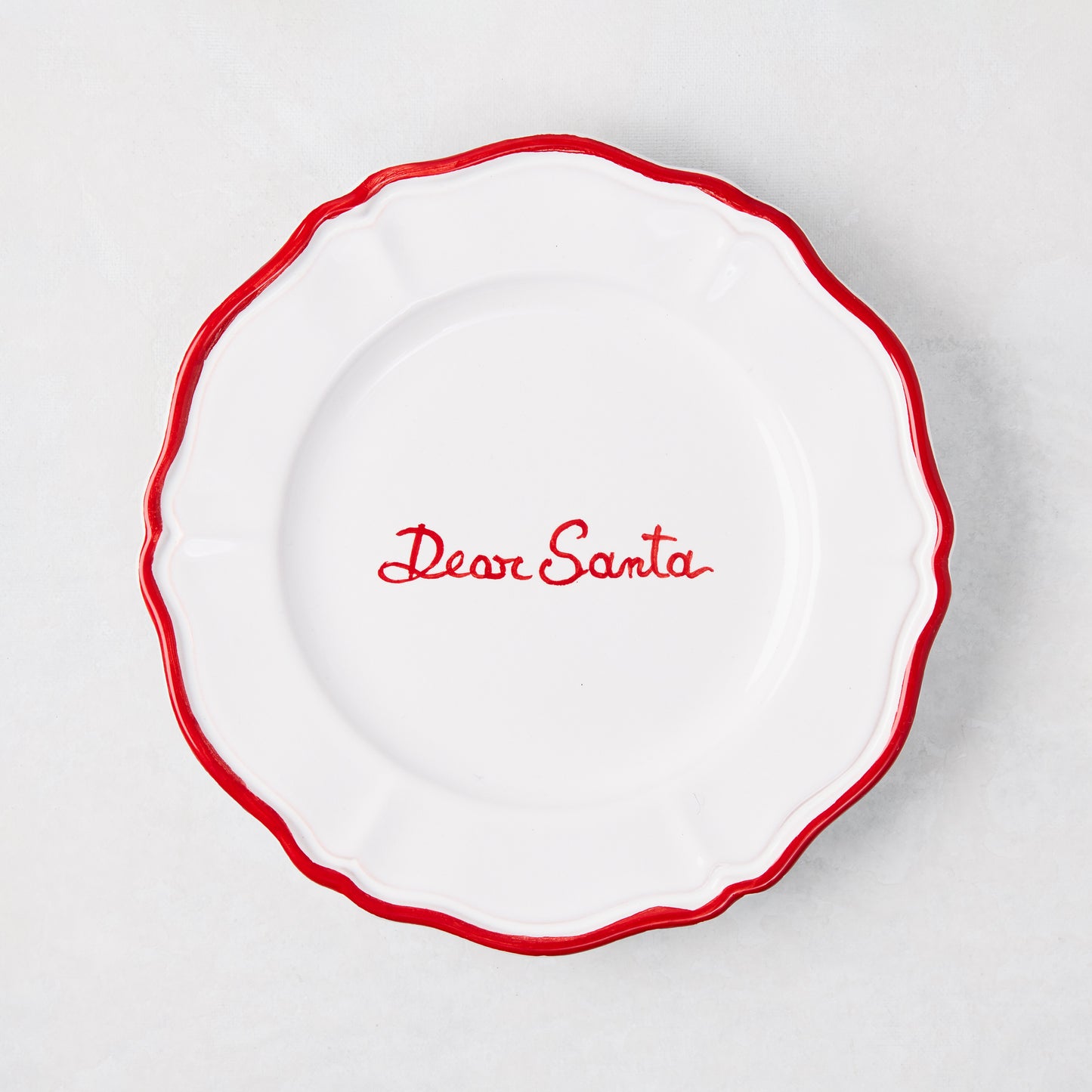 White ceramic "Dear Santa" appetizer plate with hand-painted red border and script, 7"Dia.