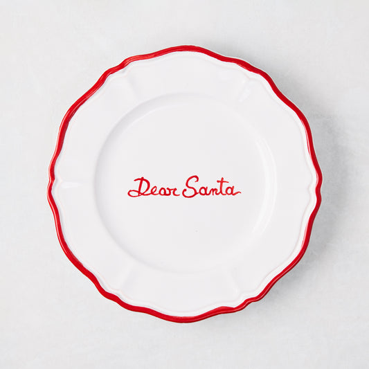 White ceramic "Dear Santa" appetizer plate with hand-painted red border and script, 7"Dia.