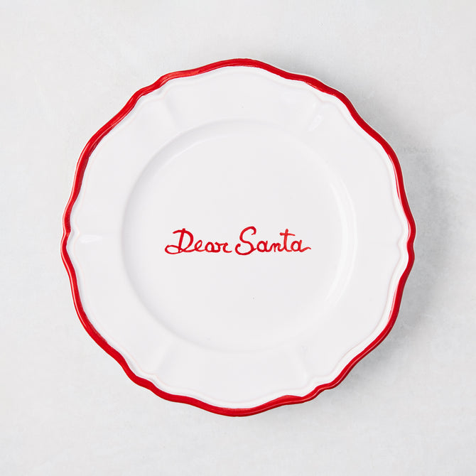 White ceramic "Dear Santa" appetizer plate with hand-painted red border and script, 7"Dia.
