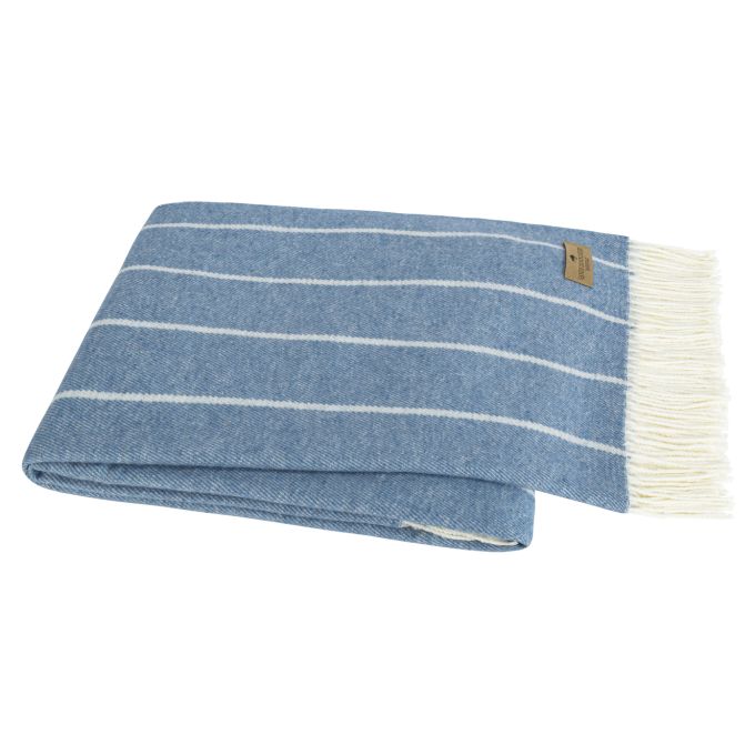 Denim Blue Fiji Stripe Throw Blanket, 51"W x 67"L, cotton-acrylic blend with white stripes and fringe.