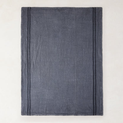 Denim blue striped linen tea towel, set of 2, with two dark vertical stripes.