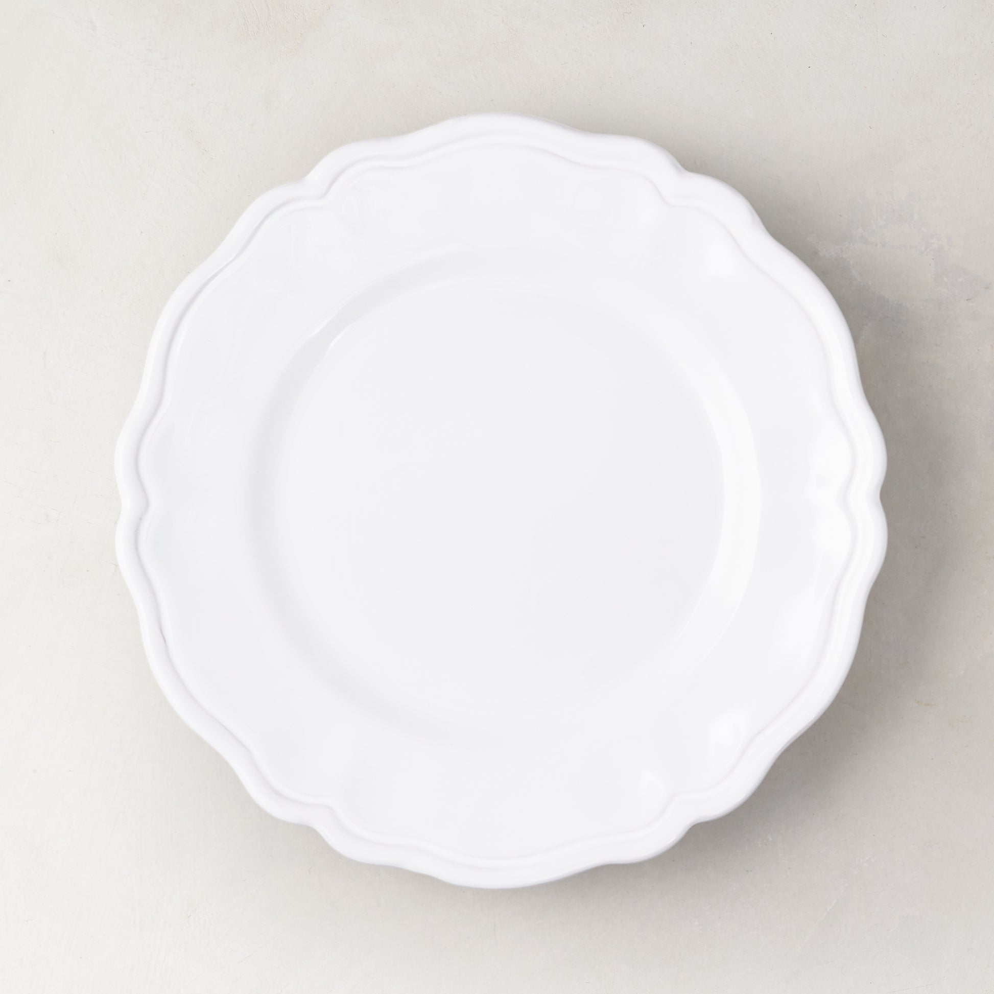 Deruta White Painted Ceramic Salad Plate, 8.3"Dia, with subtle scallop detail.