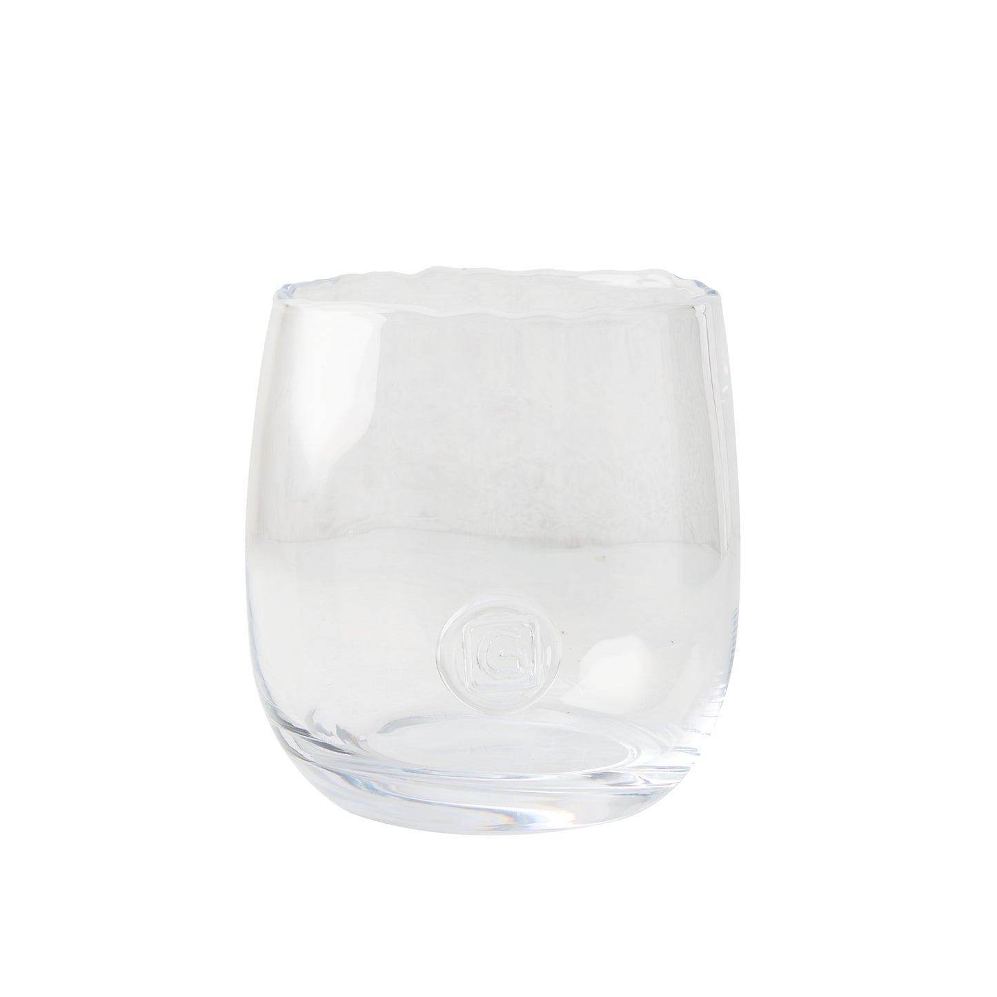 Clear, hand-blown glass Diana Small Scissor-Cut Vase with a rounded base and subtle logo.