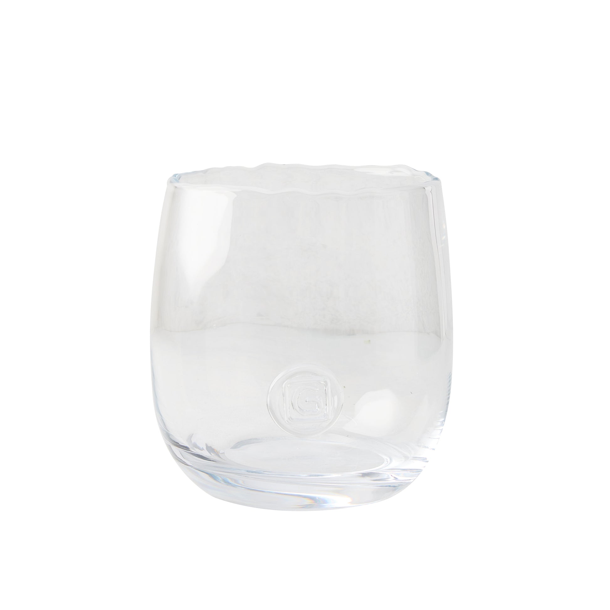Clear, hand-blown glass Diana Small Scissor-Cut Vase with a rounded base and subtle logo.