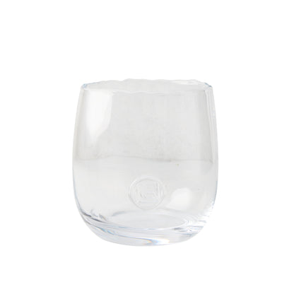 Clear, hand-blown glass Diana Small Scissor-Cut Vase with a rounded base and subtle logo.