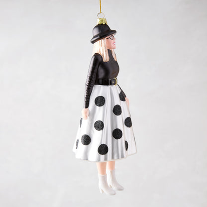 Diane Keaton Christmas tree ornament, black hat, glasses, black top, white polka dot skirt, white boots.