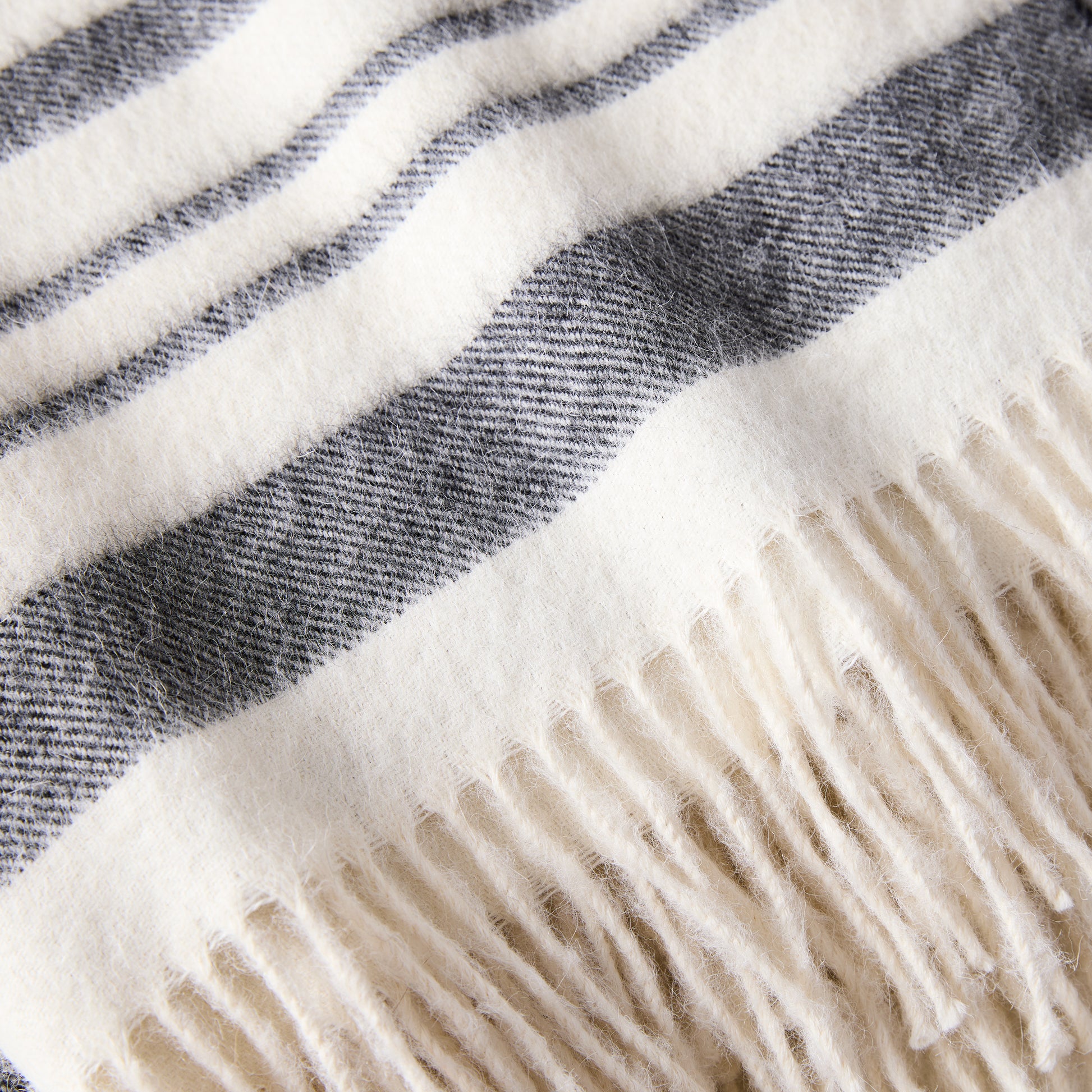Diane Keaton x Hudson Grace black and white striped baby alpaca throw blanket with fringe.
