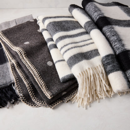 Diane Keaton x Hudson Grace black & white striped baby alpaca throw blanket with fringe.