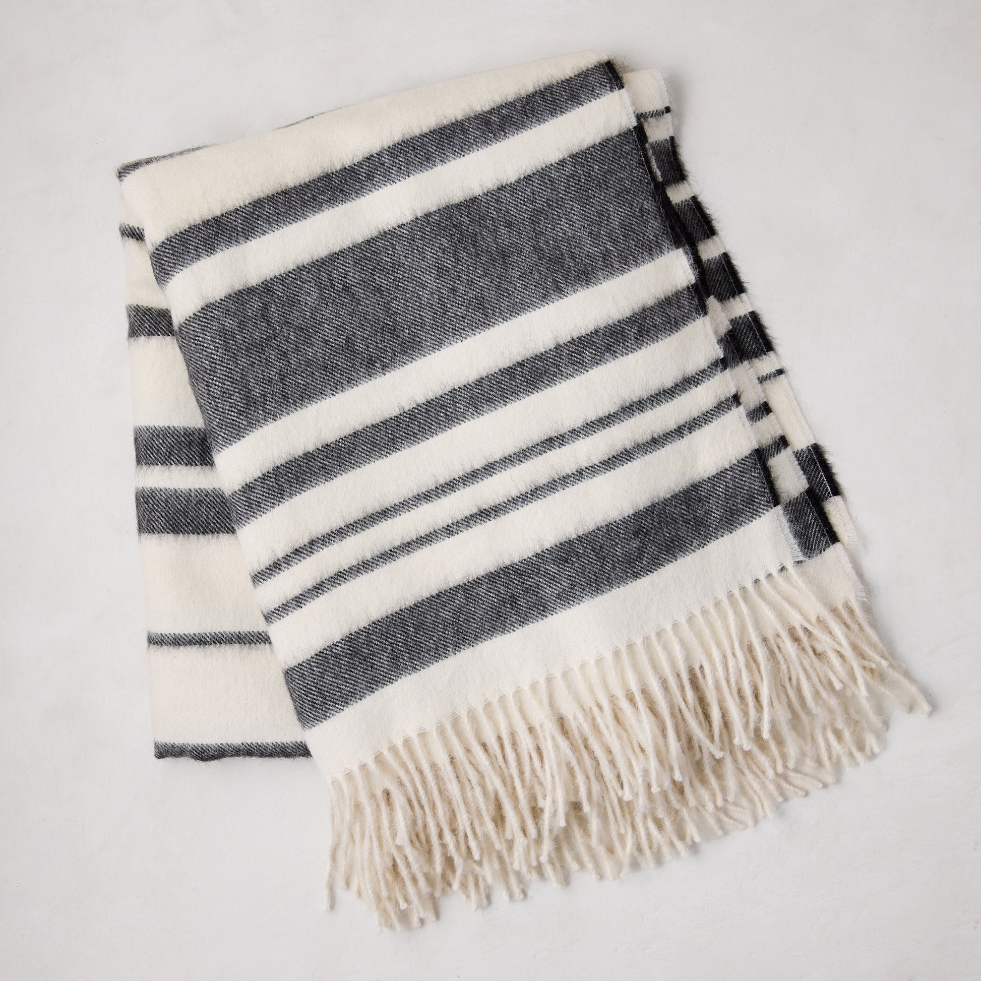 Diane Keaton x Hudson Grace black and white striped baby alpaca throw blanket with fringe.