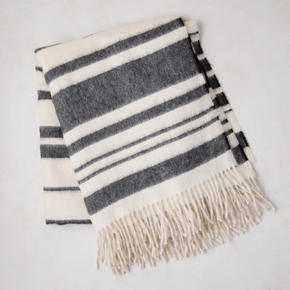 Diane Keaton x Hudson Grace black and white striped baby alpaca throw blanket with fringe.