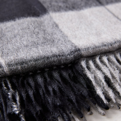 Diane Keaton + Hudson Grace charcoal plaid baby alpaca throw blanket with fringe.