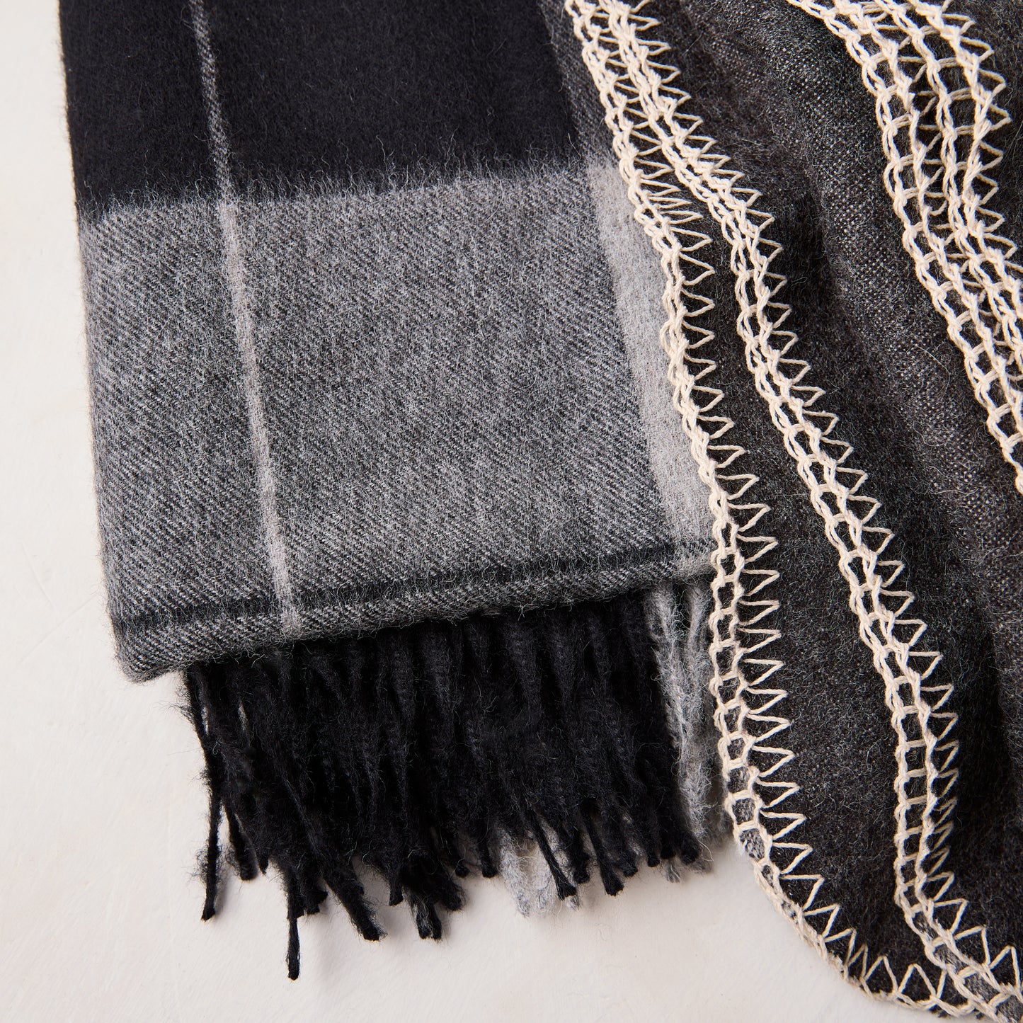 Diane Keaton + Hudson Grace charcoal plaid baby alpaca throw blanket with fringe.