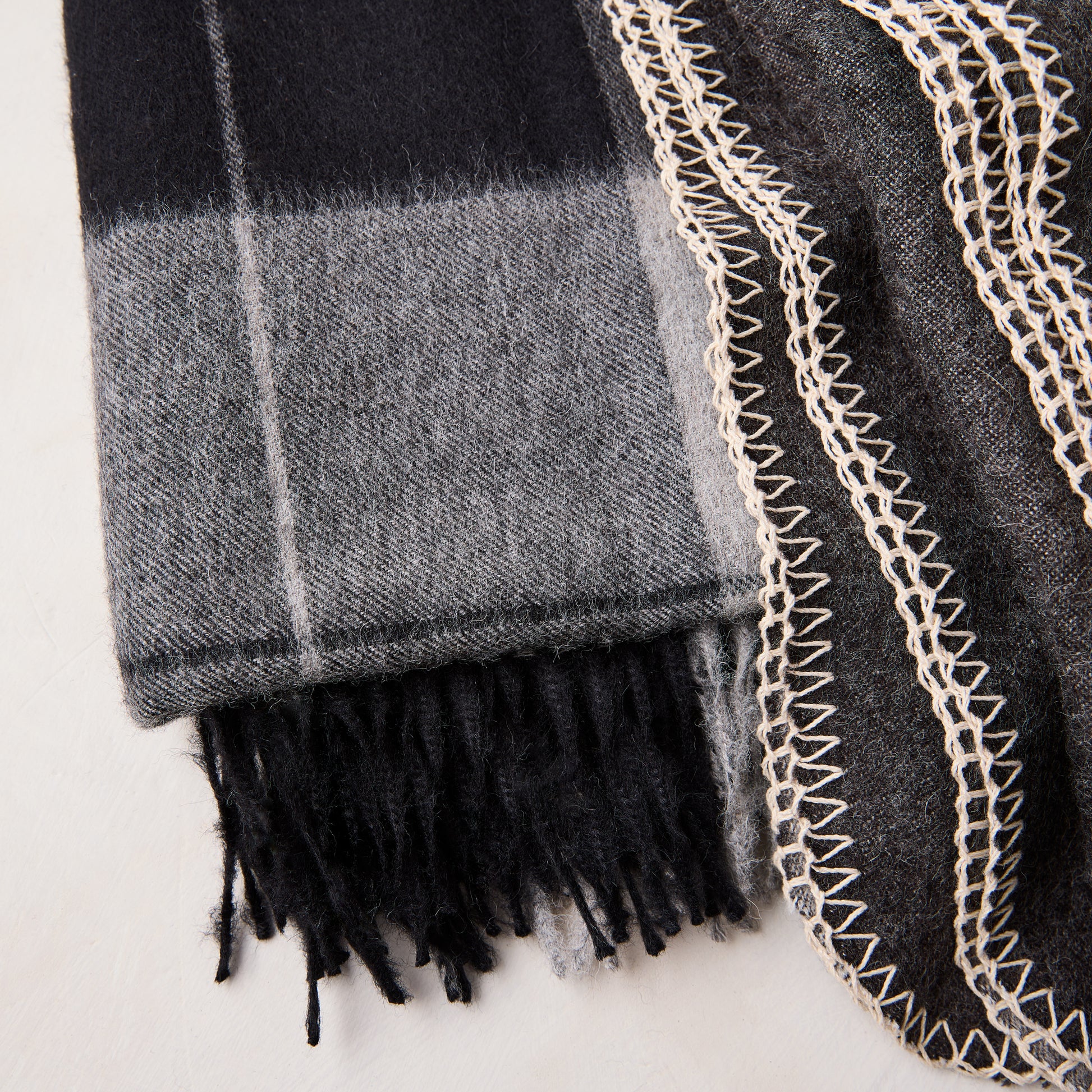 Diane Keaton + Hudson Grace charcoal plaid baby alpaca throw blanket with fringe.