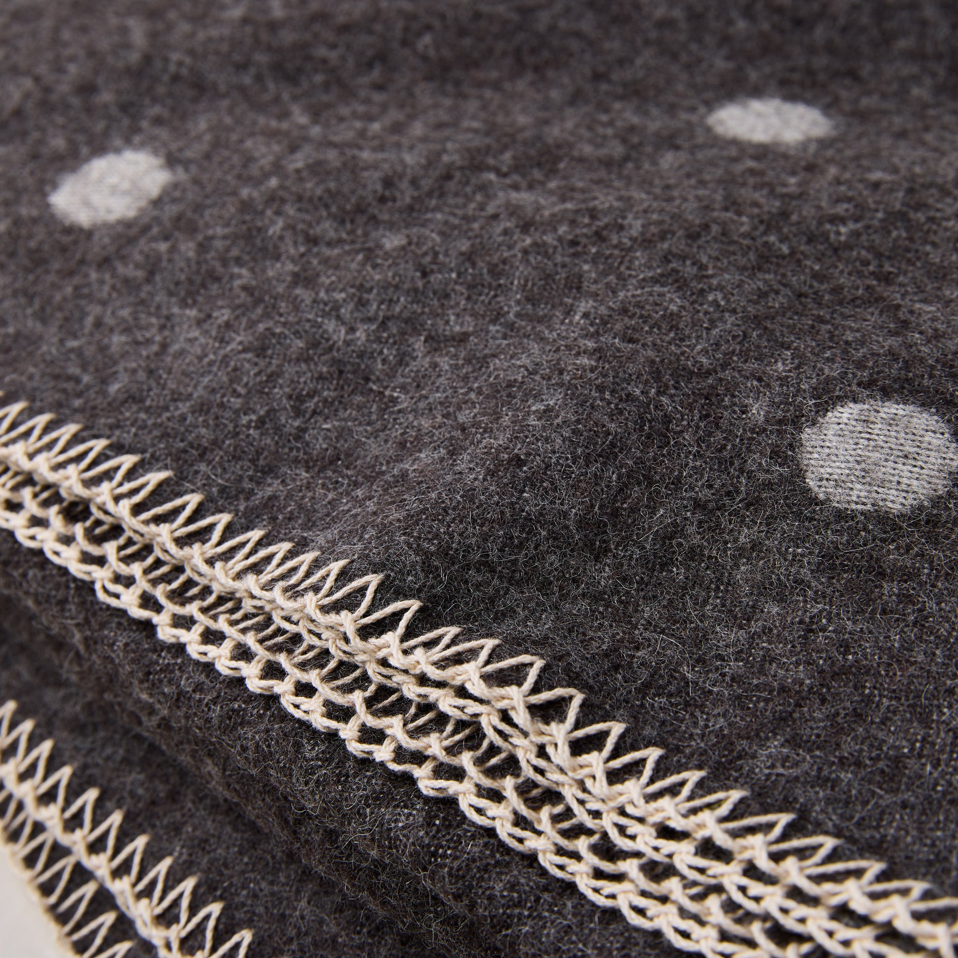 Diane Keaton x Hudson Grace grey polka dot baby alpaca throw blanket with decorative edge stitching.