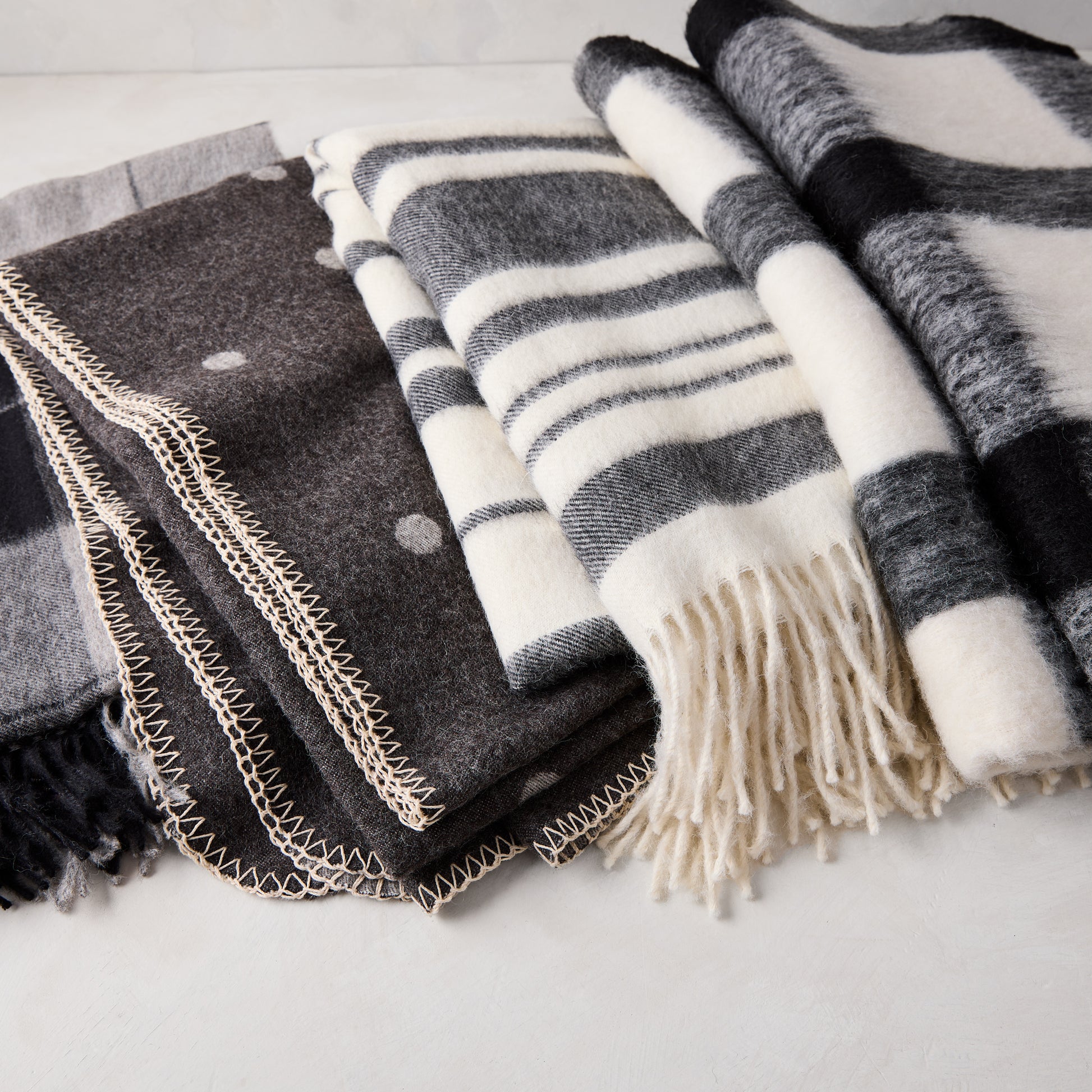 Diane Keaton + Hudson Grace grey polka dot baby alpaca throw blanket.