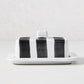 Diane Keaton + Hudson Grace white stoneware butter dish with hand-painted black stripes and lid handle.