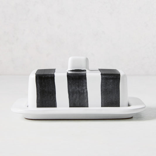 Diane Keaton + Hudson Grace white stoneware butter dish with hand-painted black stripes and lid handle.