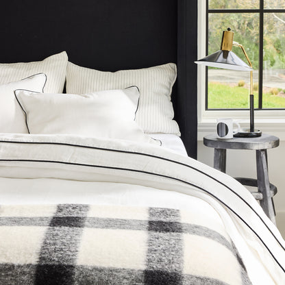Diane Keaton + Hudson Grace black and white buffalo check alpaca throw blanket on a bed.