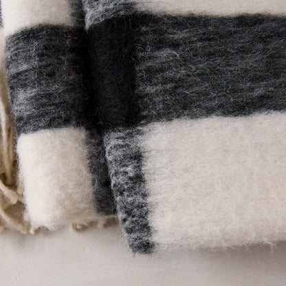 Diane Keaton + Hudson Grace black and white buffalo check alpaca throw blanket with eyelash fringe.