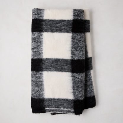 Diane Keaton + Hudson Grace black and white buffalo check alpaca throw blanket, folded.