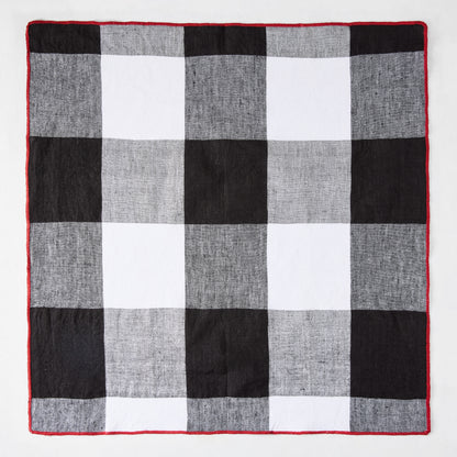 Diane Keaton + Hudson Grace black buffalo check napkin with red border, cotton linen blend.
