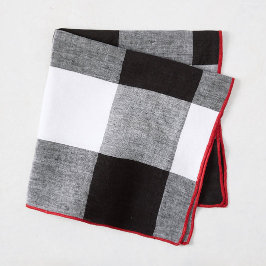 Diane Keaton + Hudson Grace black buffalo check cotton linen napkin with red border.
