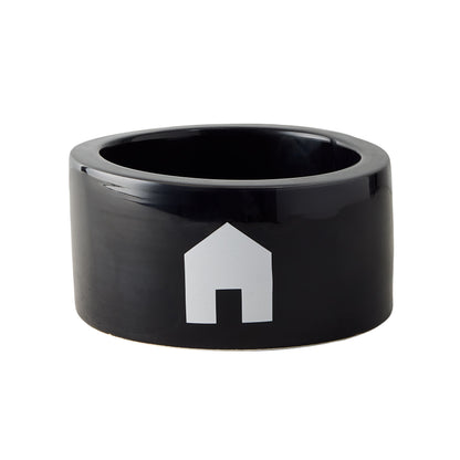Diane Keaton + Hudson Grace black Italian ceramic dog bowl with white house icon.