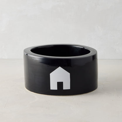 Diane Keaton + Hudson Grace black Italian ceramic dog bowl with white house icon.