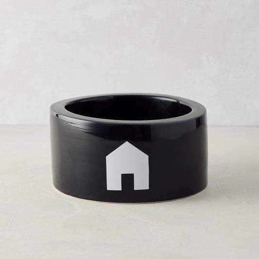 Diane Keaton + Hudson Grace black Italian ceramic dog bowl with white house icon.