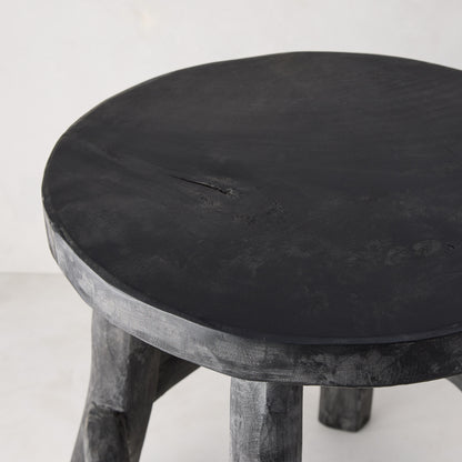Diane Keaton + Hudson Grace black reclaimed teak wood stool with rustic texture.