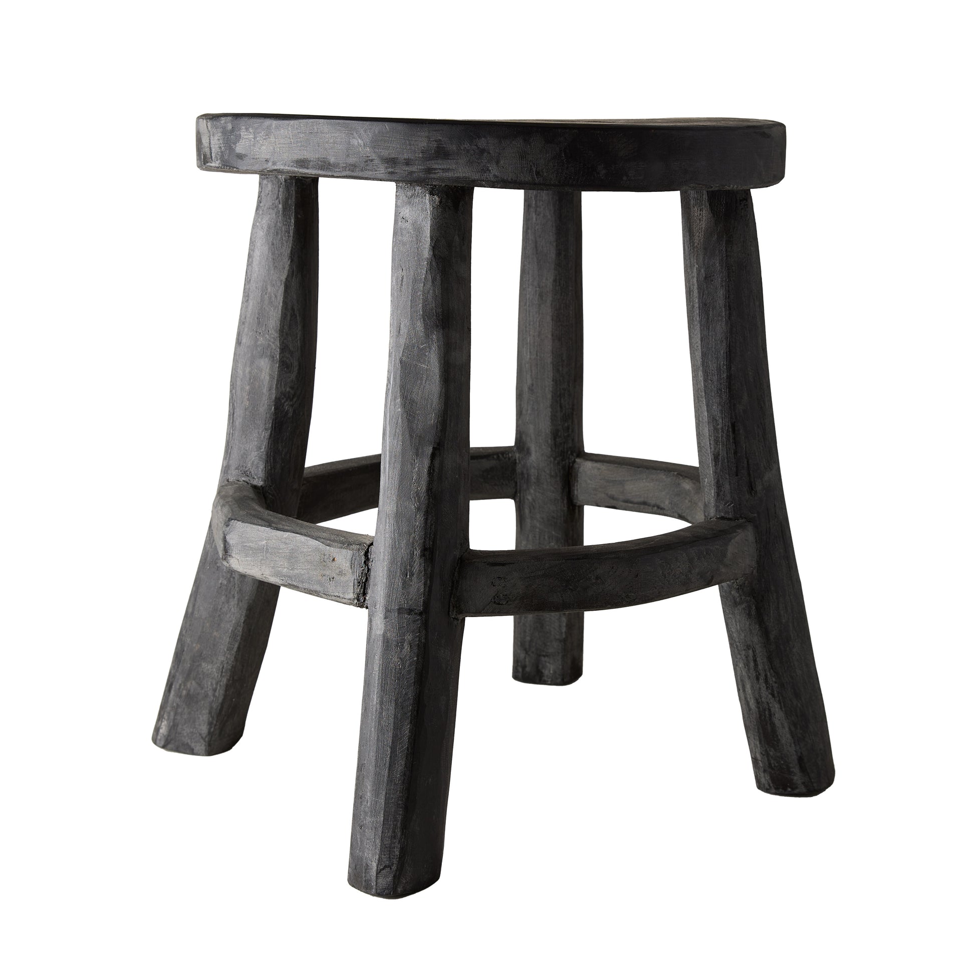 Diane Keaton + Hudson Grace black reclaimed teak wood stool with rustic texture.