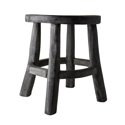 Diane Keaton + Hudson Grace black reclaimed teak wood stool with rustic texture.