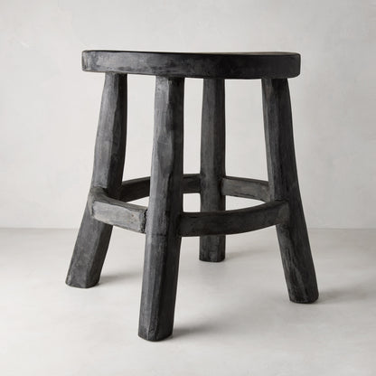 Diane Keaton + Hudson Grace black reclaimed teak wood stool with rustic texture.