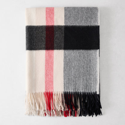 Diane Keaton + Hudson Grace black, red, and cream plaid alpaca throw blanket with fringe.