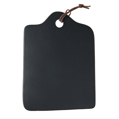 Diane Keaton + Hudson Grace black stone cheese board with a brown leather handle.