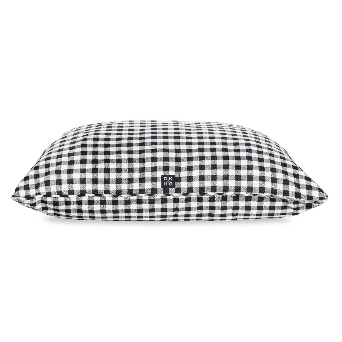 Diane Keaton + Hudson Grace large dog bed, black and white gingham cotton-blend, with DK HG label.