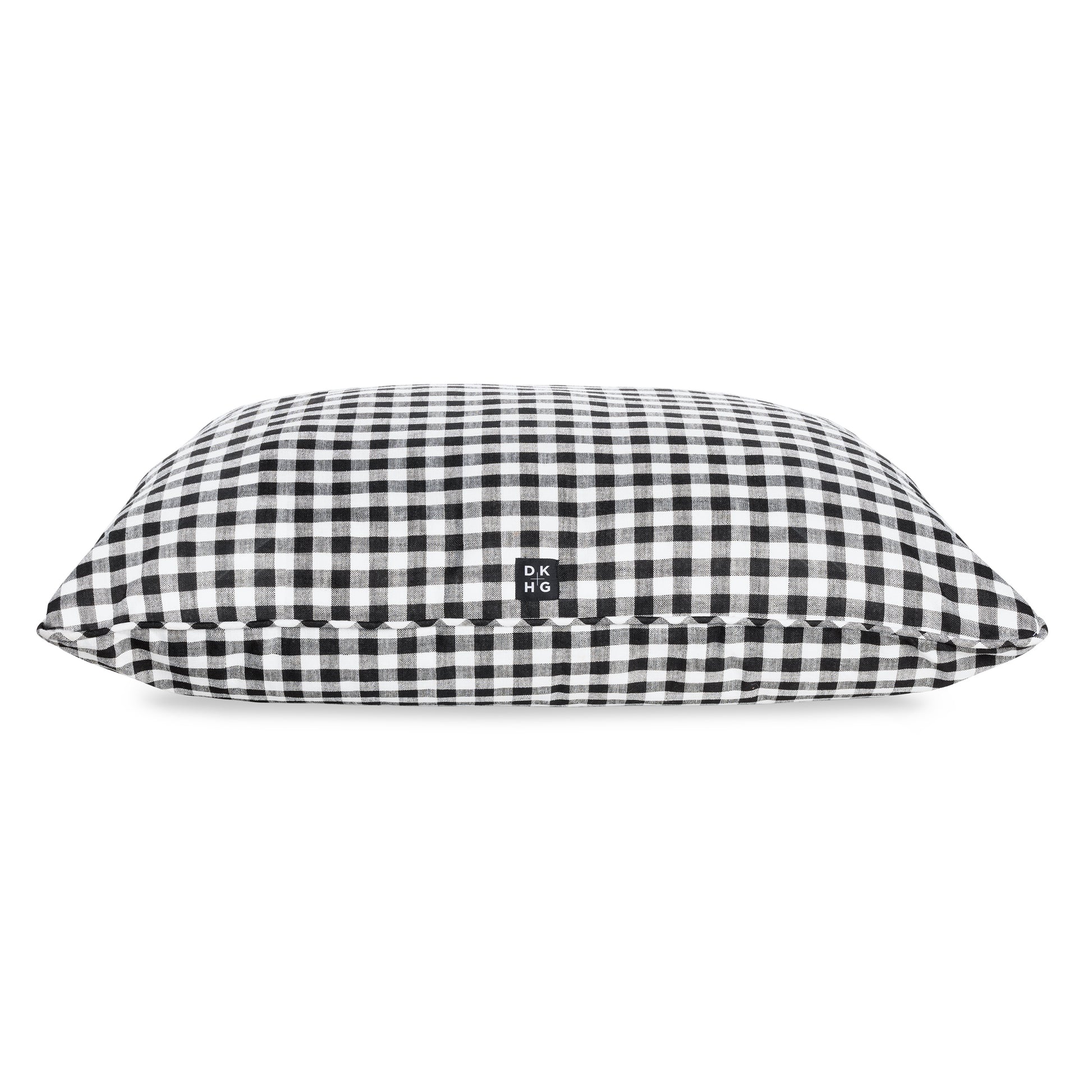 Diane Keaton + Hudson Grace large dog bed, black and white gingham cotton-blend, with DK HG label.