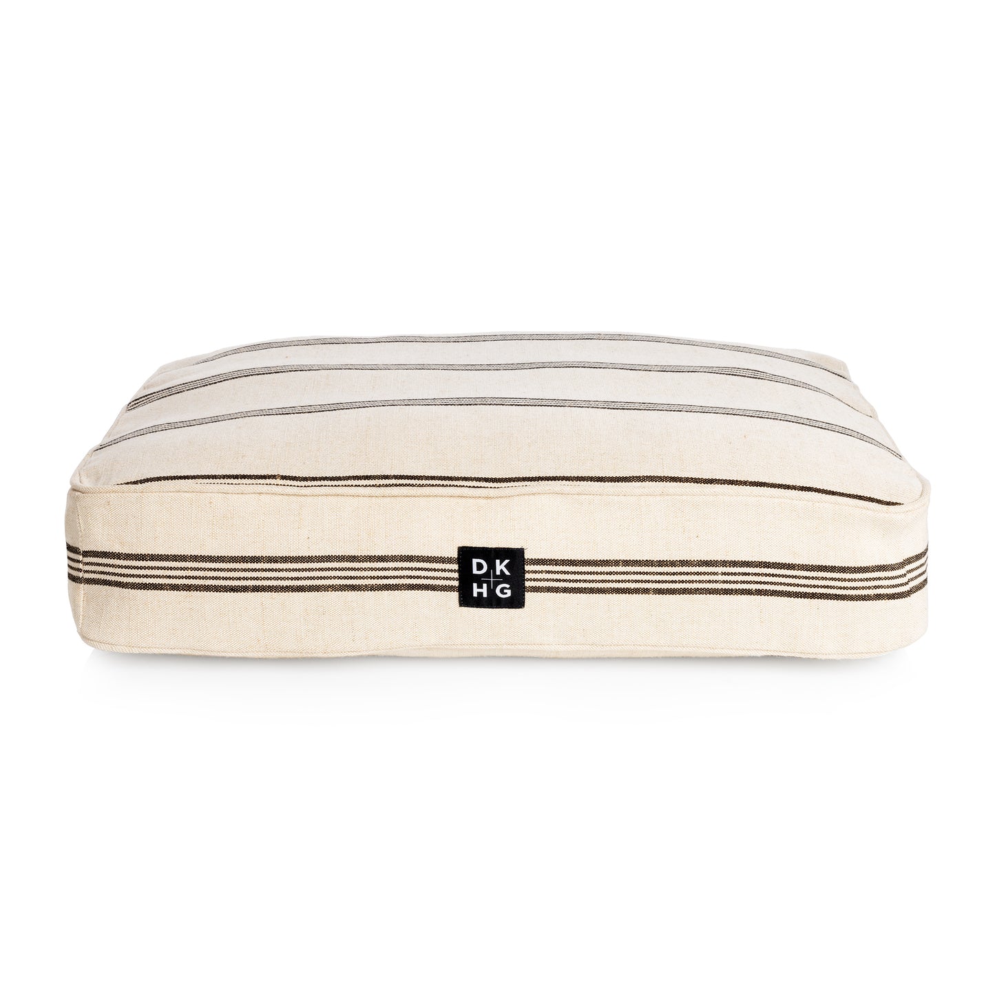 Diane Keaton x Hudson Grace dog bed, rustic French stripes, cotton-blend cover, black and white.
